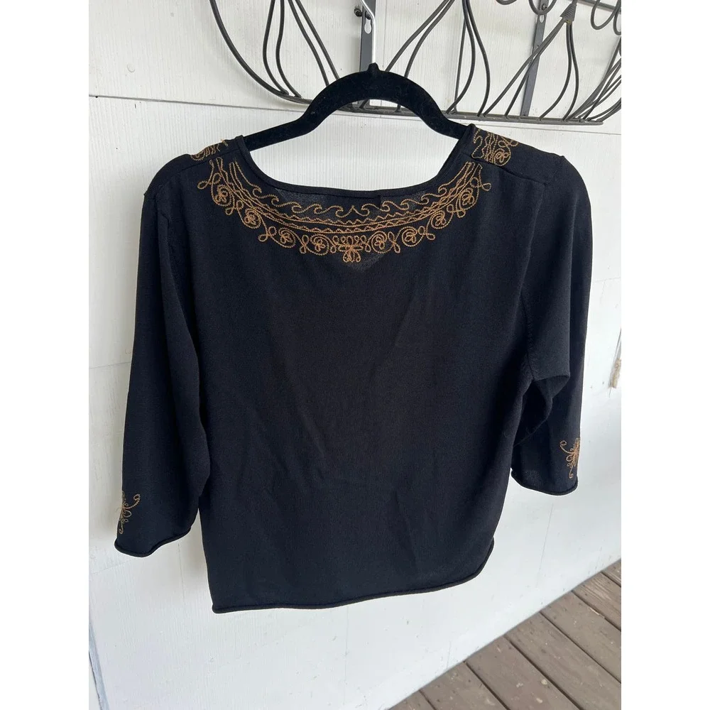 Francesca Rose V-Neck 3/4 Sleeve Blouse, Black w/ Gold Flower Embroidery, L / XL - Picture 7 of 10